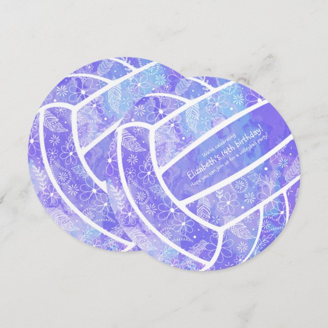 Doodle floral pattern purple volleyball invitation (Front/Back)