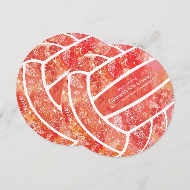 Doodle floral pattern red orange volleyball party invitation (Front/Back)