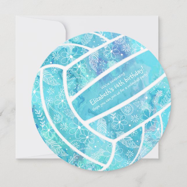 Doodle floral pattern turquoise volleyball invitation (Front)