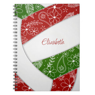 doodle floral red green boho volleyball notebook
