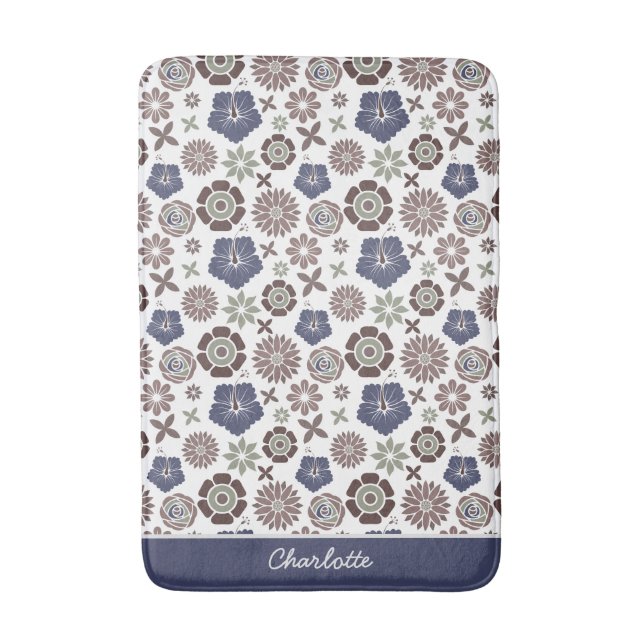 Doodle floral surface pattern personalised name bath mat (Front Vertical)