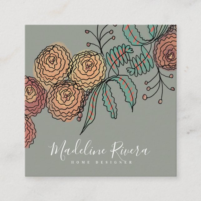 Doodle Florals Wreath Sprigs Greenery Designer Square Business Card (Front)