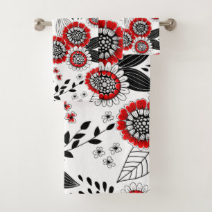 Doodle flowers and leaves in red and black bath towel set