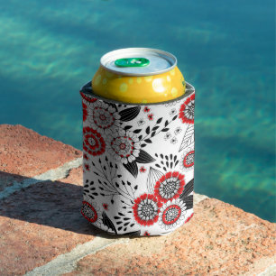 Doodle flowers and leaves in red and black can cooler