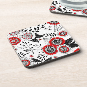 Doodle flowers and leaves in red and black coaster