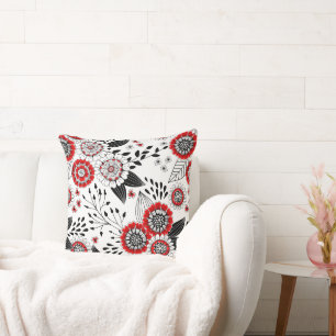 Doodle flowers and leaves in red and black cushion