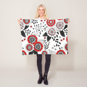 Doodle flowers and leaves in red and black fleece blanket