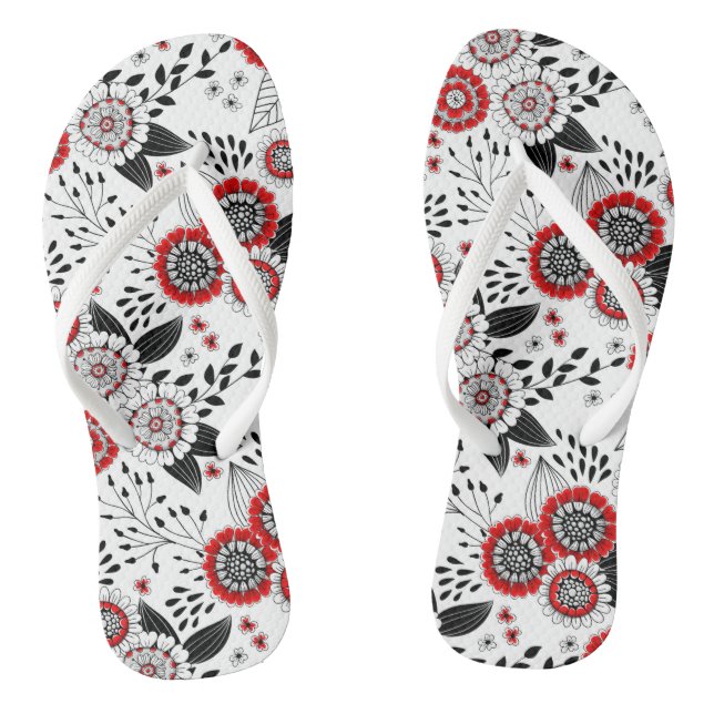 Doodle flowers and leaves in red and black flip flops (Footbed)