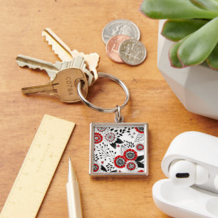 Doodle flowers and leaves in red and black key ring