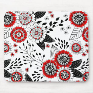 Doodle flowers and leaves in red and black mouse mat