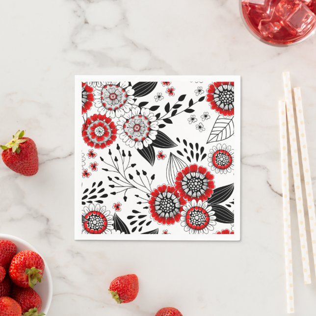 Doodle flowers and leaves in red and black napkin (Insitu)