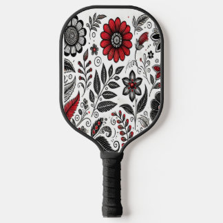 Doodle flowers and leaves in red and black pickleball paddle