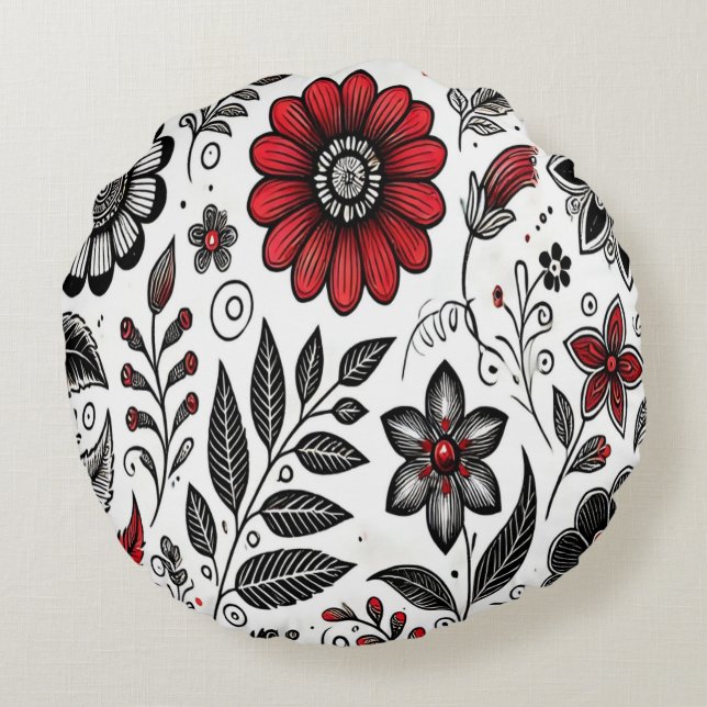 Doodle flowers and leaves in red and black round cushion (Back)