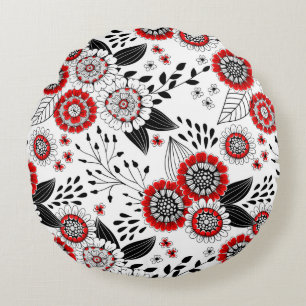 Doodle flowers and leaves in red and black round cushion