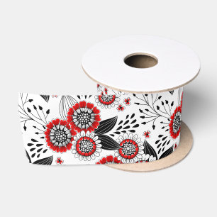 Doodle flowers and leaves in red and black satin ribbon