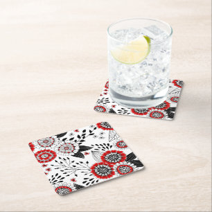 Doodle flowers and leaves in red and black square paper coaster