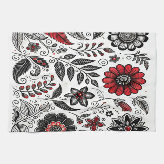Doodle flowers and leaves in red and black tea towel