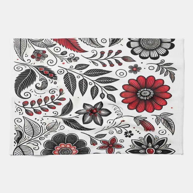 Doodle flowers and leaves in red and black tea towel (Horizontal)