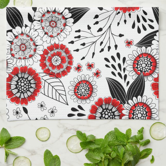 Doodle flowers and leaves in red and black tea towel (Folded)