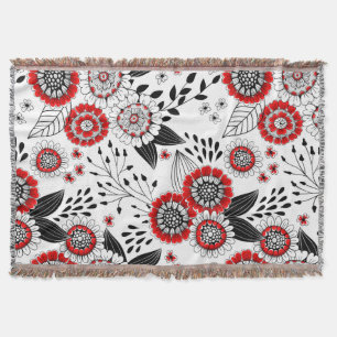 Doodle flowers and leaves in red and black throw blanket