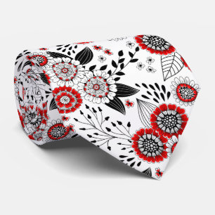 Doodle flowers and leaves in red and black tie