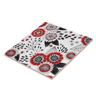 Doodle flowers and leaves in red and black tile