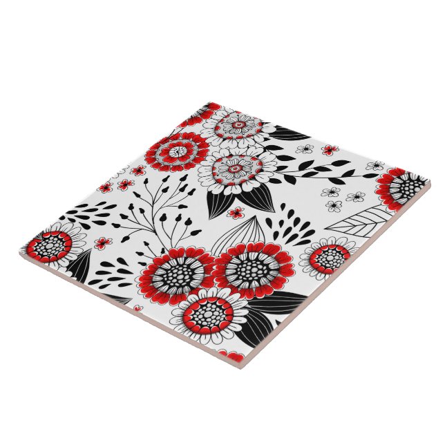 Doodle flowers and leaves in red and black tile (Side)