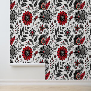 Doodle flowers and leaves in red and black wallpaper