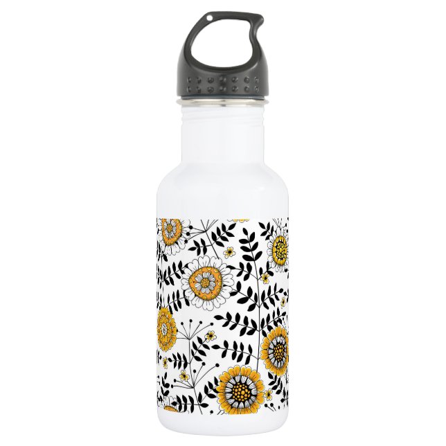 Doodle flowers and leaves in yellow and black 532 ml water bottle (Front)