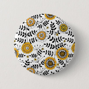 Doodle flowers and leaves in yellow and black 6 cm round badge