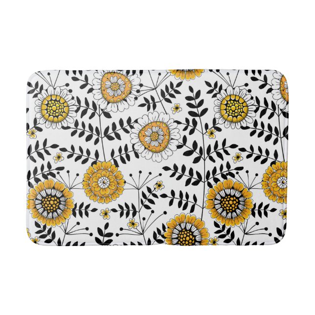 Doodle flowers and leaves in yellow and black bath mat (Front)