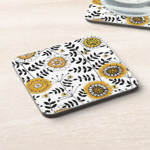 Doodle flowers and leaves in yellow and black coaster