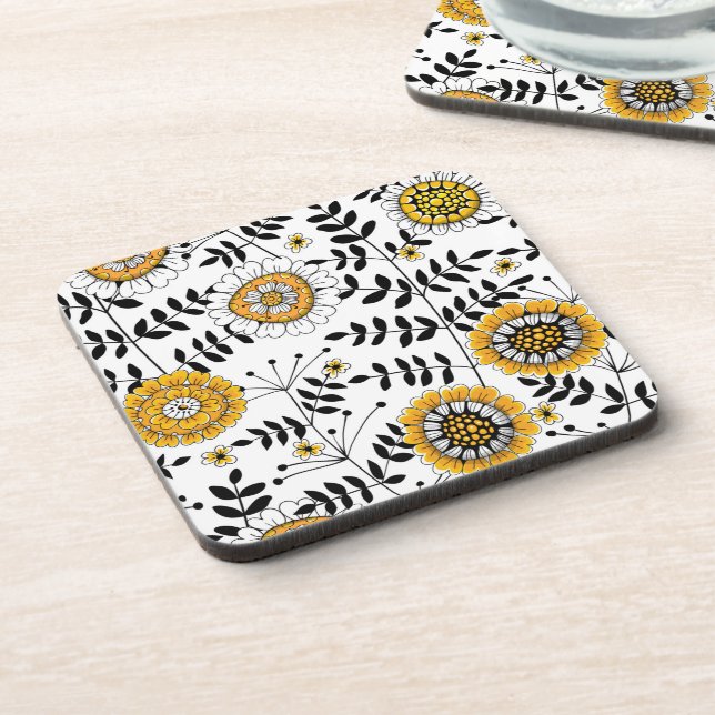 Doodle flowers and leaves in yellow and black coaster (Left Side)