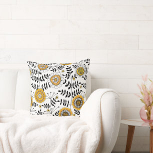 Doodle flowers and leaves in yellow and black cushion