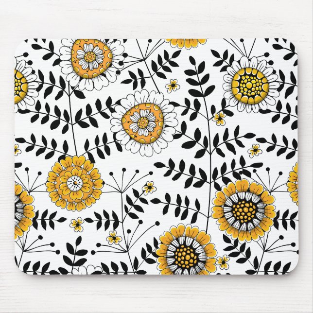 Doodle flowers and leaves in yellow and black mouse mat (Front)