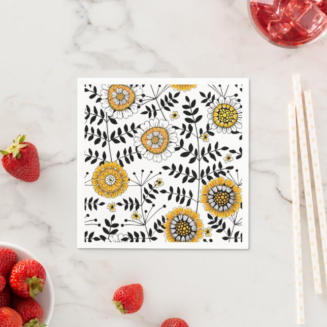 Doodle flowers and leaves in yellow and black napkin (Insitu)