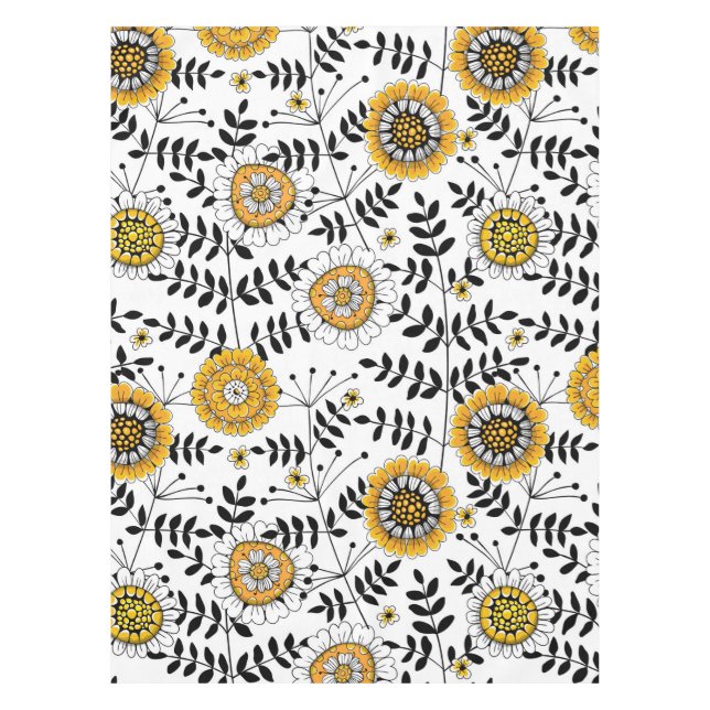 Doodle flowers and leaves in yellow and black tablecloth (Front)