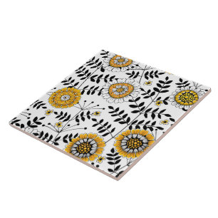 Doodle flowers and leaves in yellow and black tile