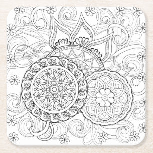 Doodle Flowers And Mandalas Square Paper Coaster