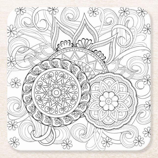 Doodle Flowers And Mandalas Square Paper Coaster (Front)