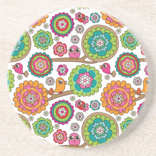 doodle flowers background pattern coaster (Front)