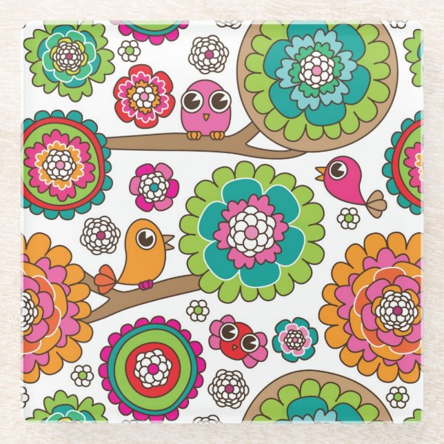 doodle flowers background pattern glass coaster (Front)