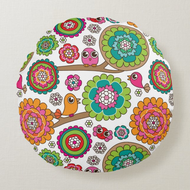 doodle flowers background pattern round cushion (Front)