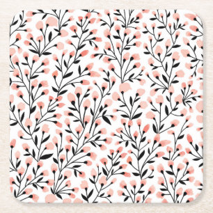 Doodle Flowers: Coral Floral Seamless. Square Paper Coaster