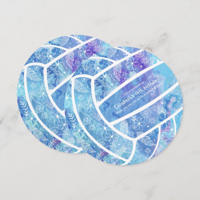 Doodle flowers feathers blue volleyball party invitation (Front/Back)