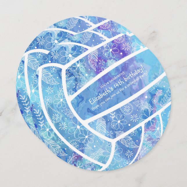 Doodle flowers feathers pattern blue volleyball invitation (Front/Back)