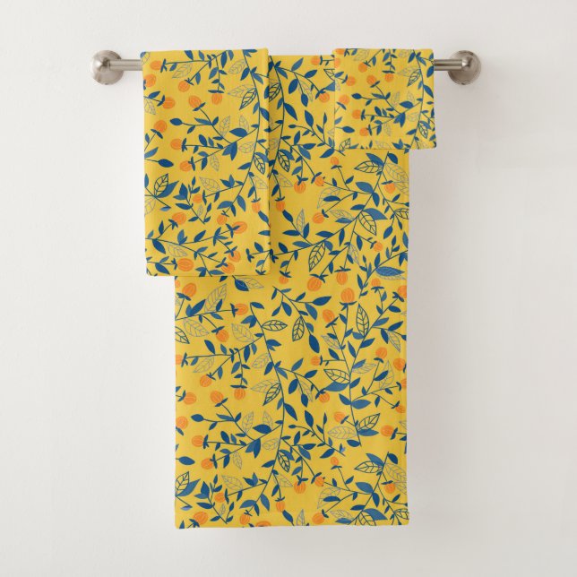 Doodle flowers in blue and yellow bath towel set (Insitu)