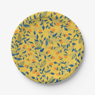 Doodle flowers in blue and yellow paper plate