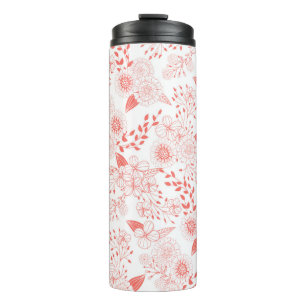 Doodle flowers in living coral thermal tumbler
