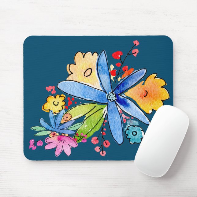 Doodle Flowers On Blue Mouse Mat (With Mouse)
